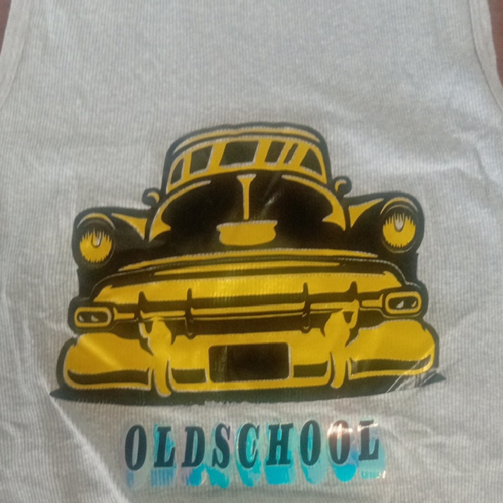 Fruit of the Loom Gray and Yellow Retro Car Tank Top